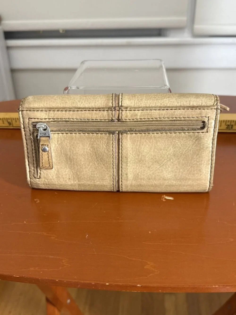 FOSSIL Maddox Taupe Leather Trifold Flap Clutch Wallet Organizer